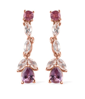 purple spinel pink tourmaline and white topaz dangle earrings in 18k rose gold over sterling silver