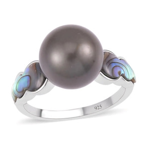 tahitian cultured pearl and abalone shell inlay ring in rhodium over sterling silver