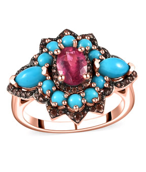 pink tourmaline turquoise and and brown zircon statement ring in 18k rose gold over sterling silver