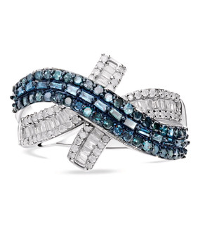 blue and white diamond crossover bypass ring in blue and white rhodium over sterling silver