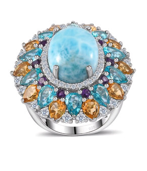 larimar amethyst citrine apatite and zircon statement ring in rhodium over sterling silver