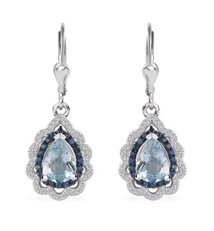aquamarine sapphire and zircon dangle earrings in rhodium over sterling silver