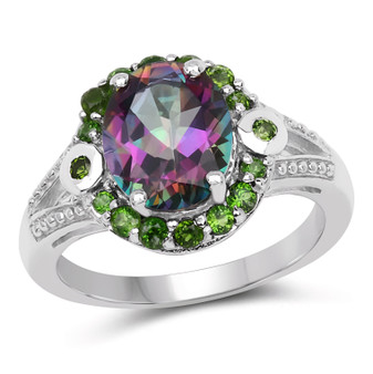 mystic quartz and chrome diopside ring in rhodium over sterling silver
