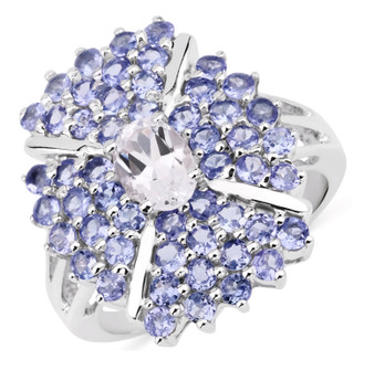 white topaz and tanzanite cluster ring in rhodium over sterling silver