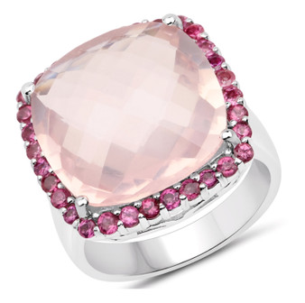 rose quartz and rhodolite cushion halo ring in rhodium over sterling silver