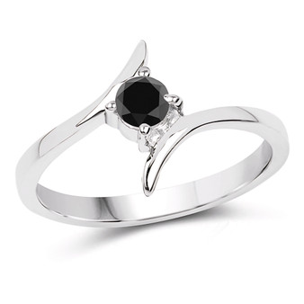 front view of black diamond bypass solitaire ring in rhodium over sterling silver