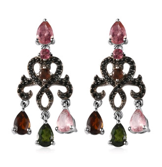 black spinel and multi color tourmaline chandelier earrings in black and white rhodium over sterling silver