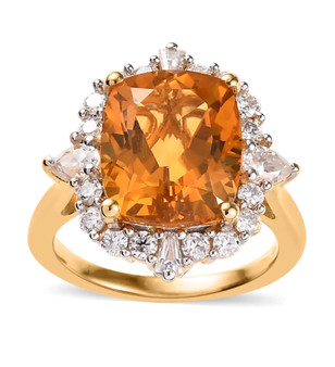 citrine and moissanite  cushion halo ring in 18k yellow gold front