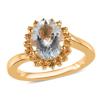 aquamarine and yellow sapphire halo bypass ring in 18k yellow gold over sterling silver