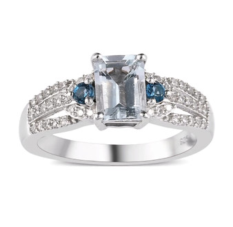 aquamarine london blue topaz and white zircon ring in rhodium over sterling silver