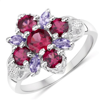 rhodolite garnet and iolite cluster ring in rhodium over sterling silver