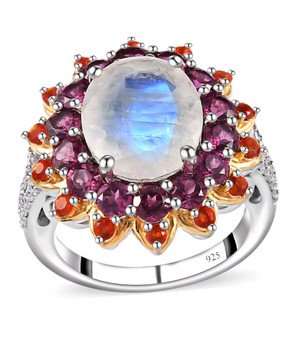 rainbow moonstone rhodolite garnet fire opal and zircon halo ring in 18k yellow gold and rhodium over sterling silver