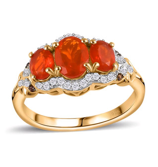 fire opal white and brown zircon halo three stone ring in 18k yellow gold over sterling silver