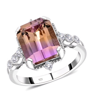 front view of ametrine and moissanite ring in rhodium over sterling silver