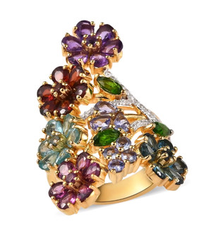 multi gemstone flower cluster ring in 18k yellow gold over sterling silver