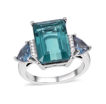 blue fluorite london blue topaz and zircon three stone ring in rhodium over sterling silver