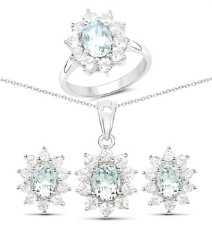aquamarine and white topaz halo jewelry set in rhodium over sterling silver