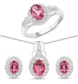 pink and white topaz halo jewelry set in rhodium over sterling silver