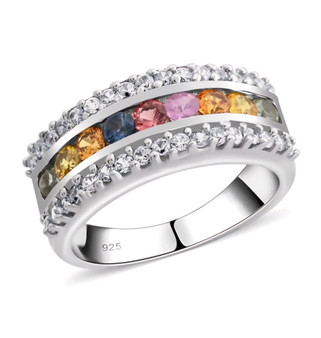 multi color sapphire and white zircon band ring in rhodium over sterling silver