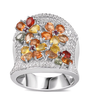 multi color sapphire and white zircon wide band ring in rhodium over sterling silver