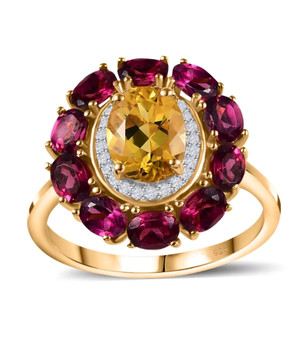 heliodor rhodolite garnet and moissanite halo ring in 18k rose gold over sterling silver