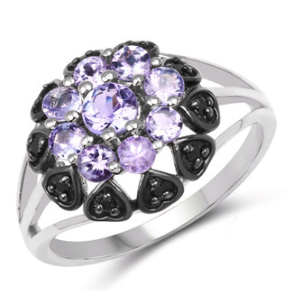 tanzanite and black spinel cluster ring in black and white rhodium over sterling silver