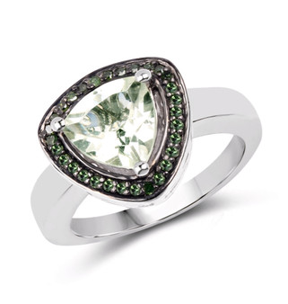 prasiolite and green diamond trillion halo ring in rhodium over sterling silver