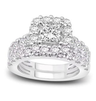 princess and round cut diamond halo two ring wedding set in 14k white gold