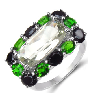 prasiolite black spinel and diopside halo ring in rhodium over sterling silver