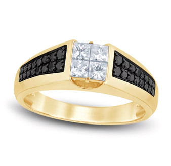 front view of white and black diamond gents ring in black rhodium and 14k yellow gold