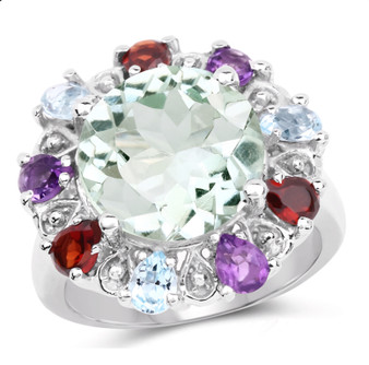 prasiolite and multi gemstone halo ring in rhodium over sterling silver