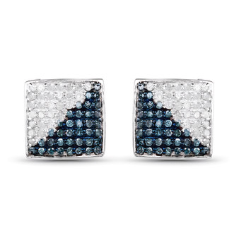 blue and white diamond cluster square stud earrings in rhodium over sterling silver