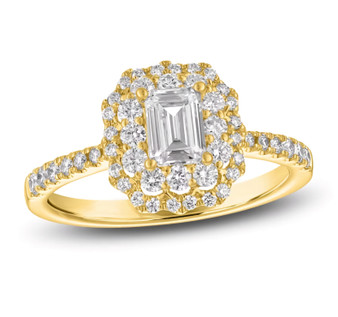emerald and round diamond double halo wedding ring in 14k yellow gold