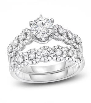 round diamond halo two ring bridal set in 14k white gold