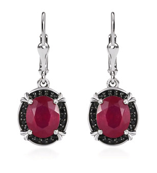 back view of ruby (ff) and black spinel halo lever back earrings in black and white rhodium over sterling silver