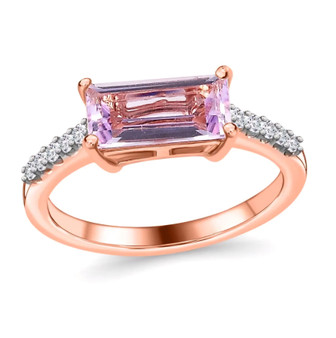 baguette rose de france amethyst and moissanite ring in 18k rose gold over sterling silver