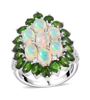 ethiopian opal and chrome diopside halo ring in rhodium over sterling silver