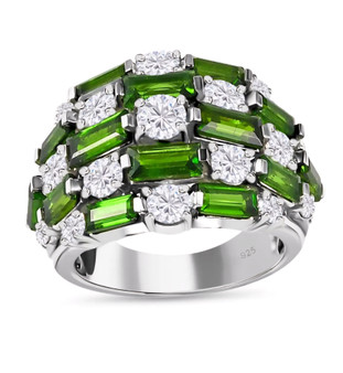 chrome diopside and moissanite dome cluster ring wide band ring in rhodium over sterling silver
