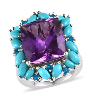 lab color change sapphire turquoise and apatite halo ring in rhodium over sterling silver