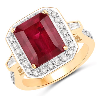front view of ruby (ff) emerald cut and white diamond halo ring in solid 14k yellow gold