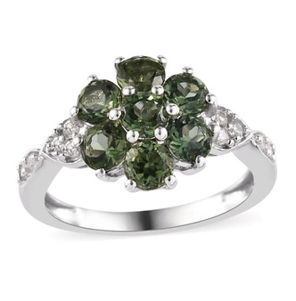 green apatite and white zircon cluster ring in rhodium over sterling silver