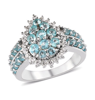 blue apatite and white zircon halo cluster ring in rhodium over sterling silver