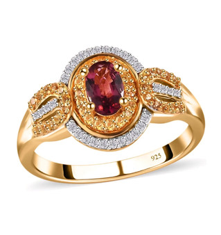 rubellite tourmaline yellow sapphire and moissanite ring in 18k yellow gold over sterling silver