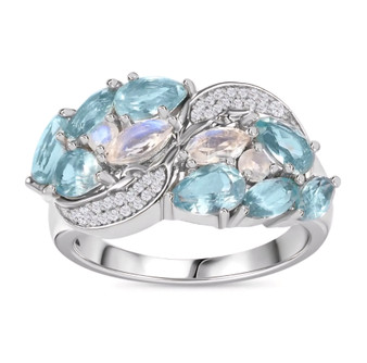 blue kyanite rainbow moonstone and white zircon ring in rhodium over sterling silver