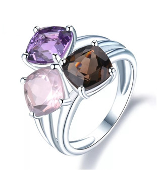 amethyst rose quartz and smoky quartz ring in rhodium over sterling silver