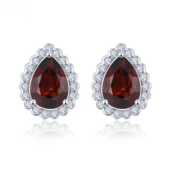 garnet pear halo stud earrings in rhodium over sterling silver
