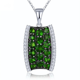 chrome diopside and white zircon cluster pendant necklace in black and white rhodium over sterling silver