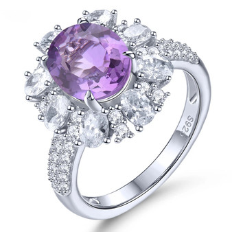 amethyst and white zircon ring in rhodium over sterling silver