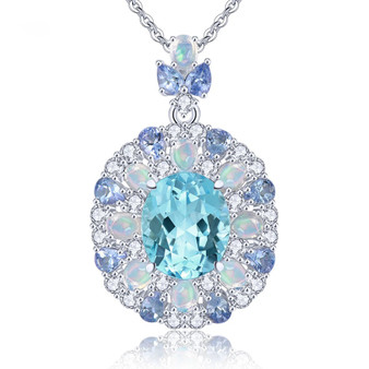 blue topaz tanzanite opal and zircon pendant necklace in rhodium over sterling silver