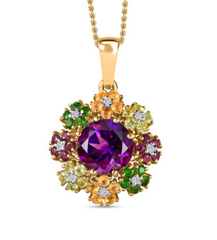 amethyst multi gemstone flower cluster halo pendant necklace in 18k yellow gold over sterling silver